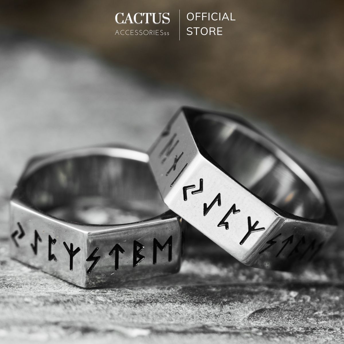 Nhẫn lục giác khắc chữ Rune độc đáo, thép titan không gỉ - Cactus Accessoriess