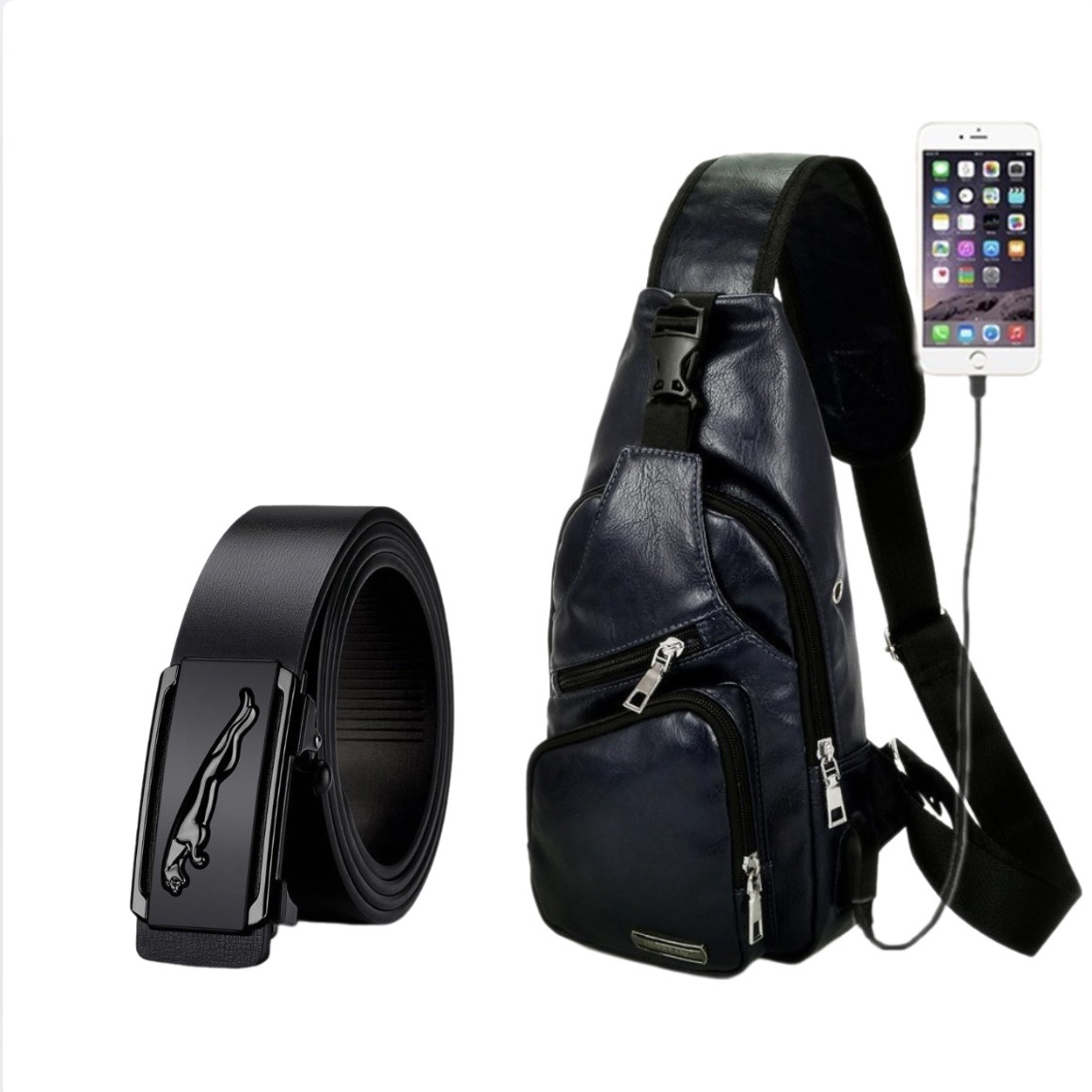 Combo Túi da đeo chéo DC197 Thắt Lưng da nam MP08 (đen)