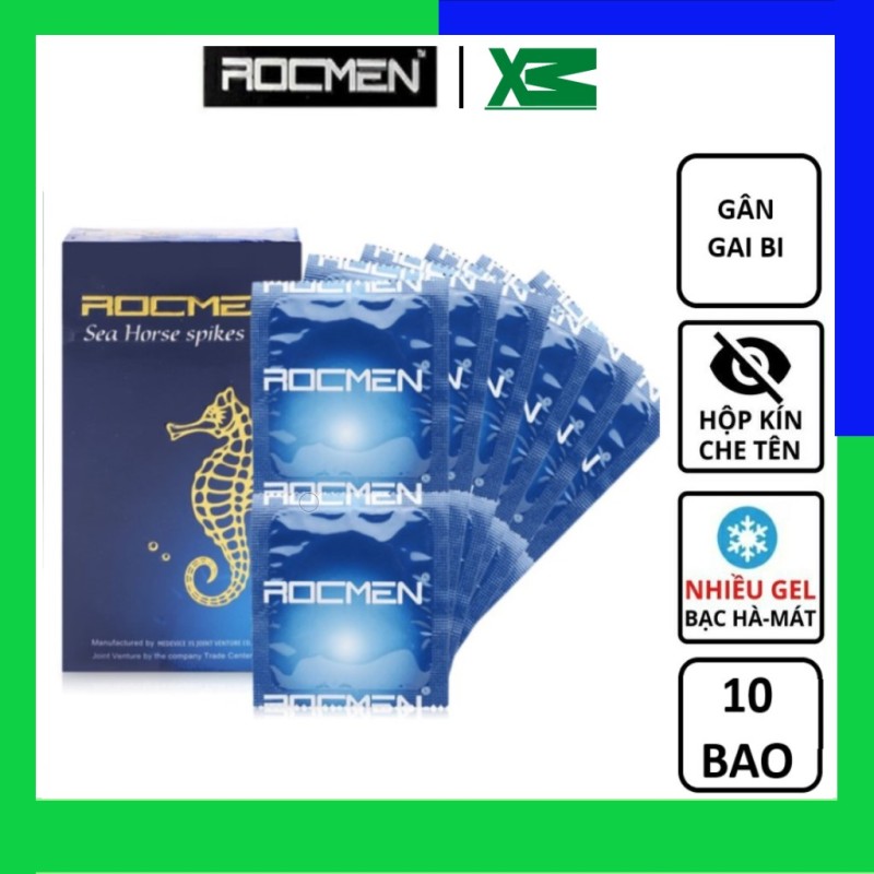 Bao cao su nam có gai ROCMEN Sea Horse cá ngựa xanh - bcs rocmen kéo dài thời gian, hương bạc hà chống xuất tinh sớm, gân gai bi, tăng khoái cảm cho nam nữ - Hộp 10 cái