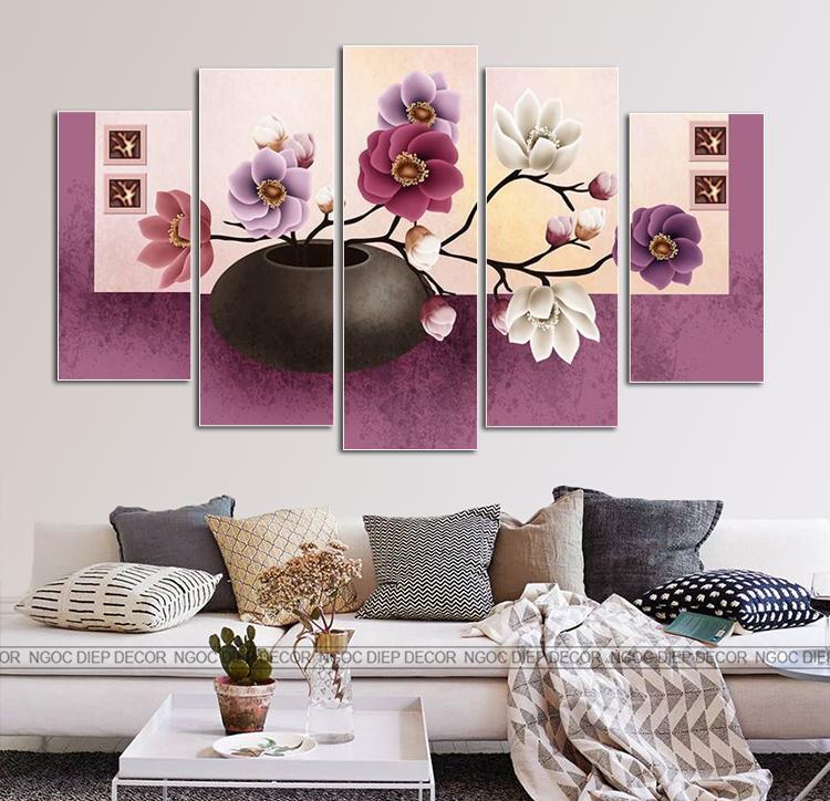 Tranh dán  tường 3D Bình Hoa Tím nghệ thuật -  Tranh décor phòng khách, phòng ngủ phong cách hiện đại