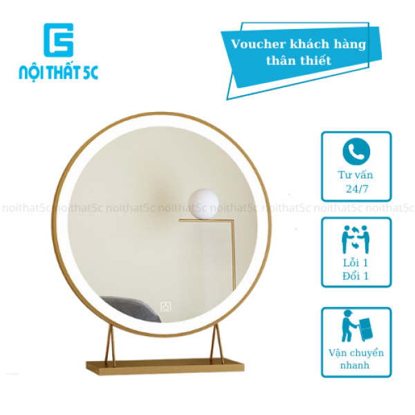 Gương tròn để bàn trang điểm tích hợp đèn LED, khung kim loại sang chảnh giá rẻ