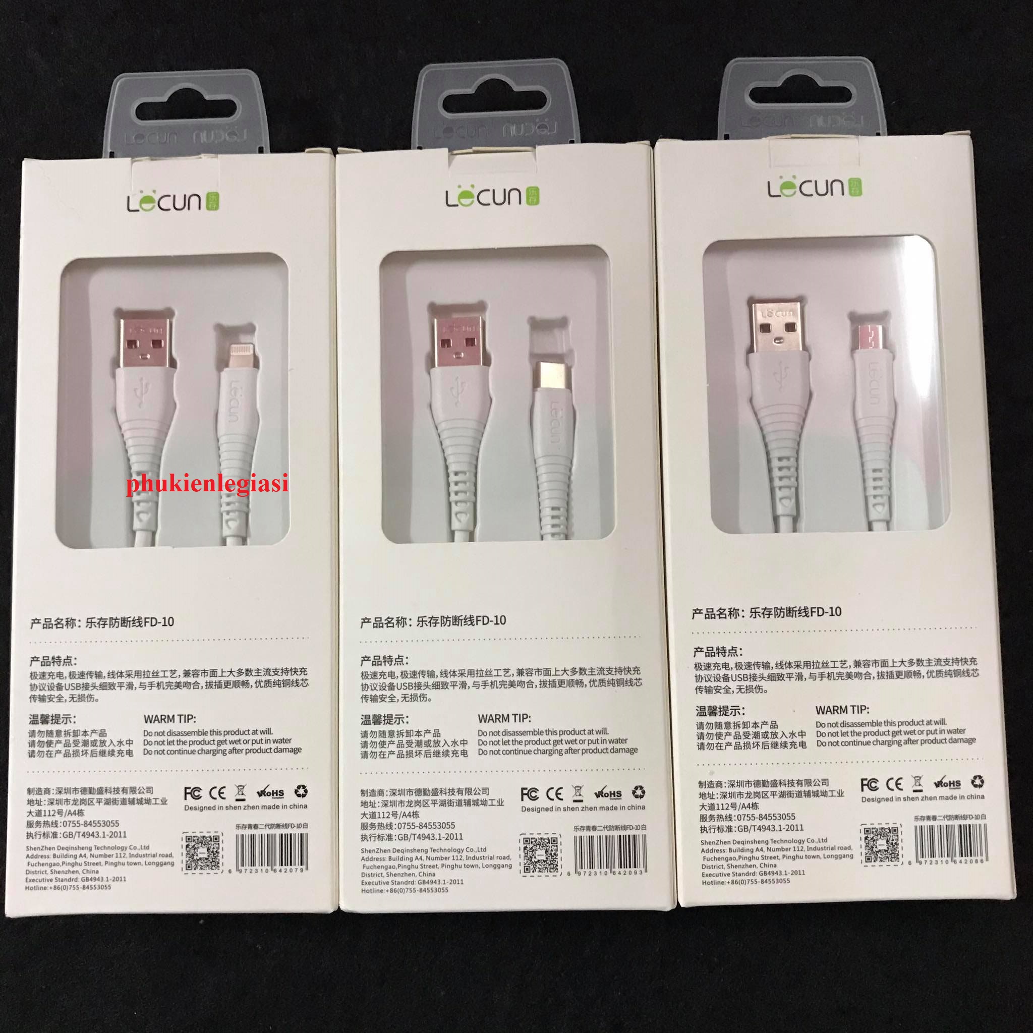 Cáp sạc Iphone, Type C, Micro USB hiệu Lecun mã FD10