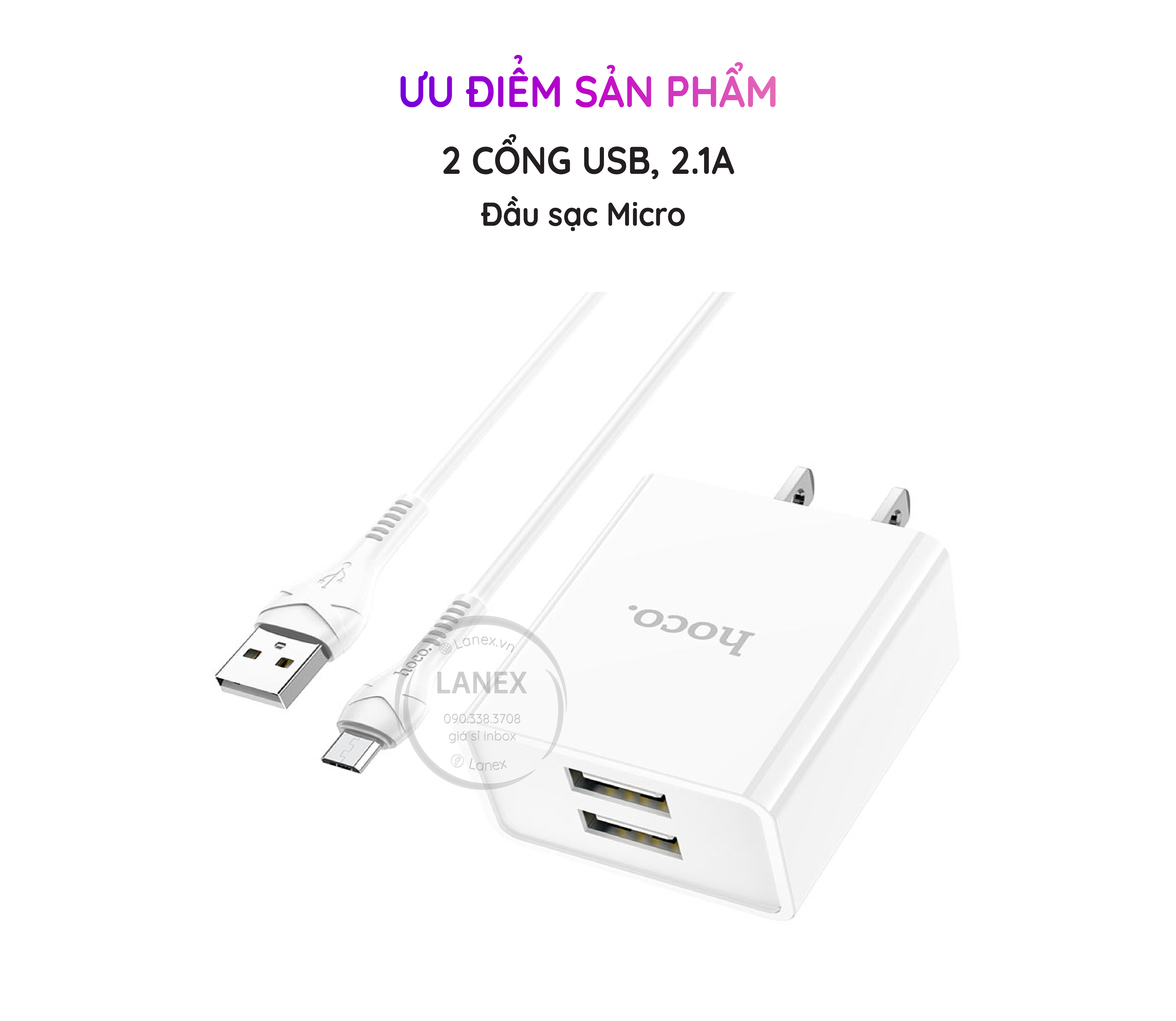 Bộ Sạc Nhanh Hoco C89 2 Cổng Usb Micro 2.1a Dài 1.0m