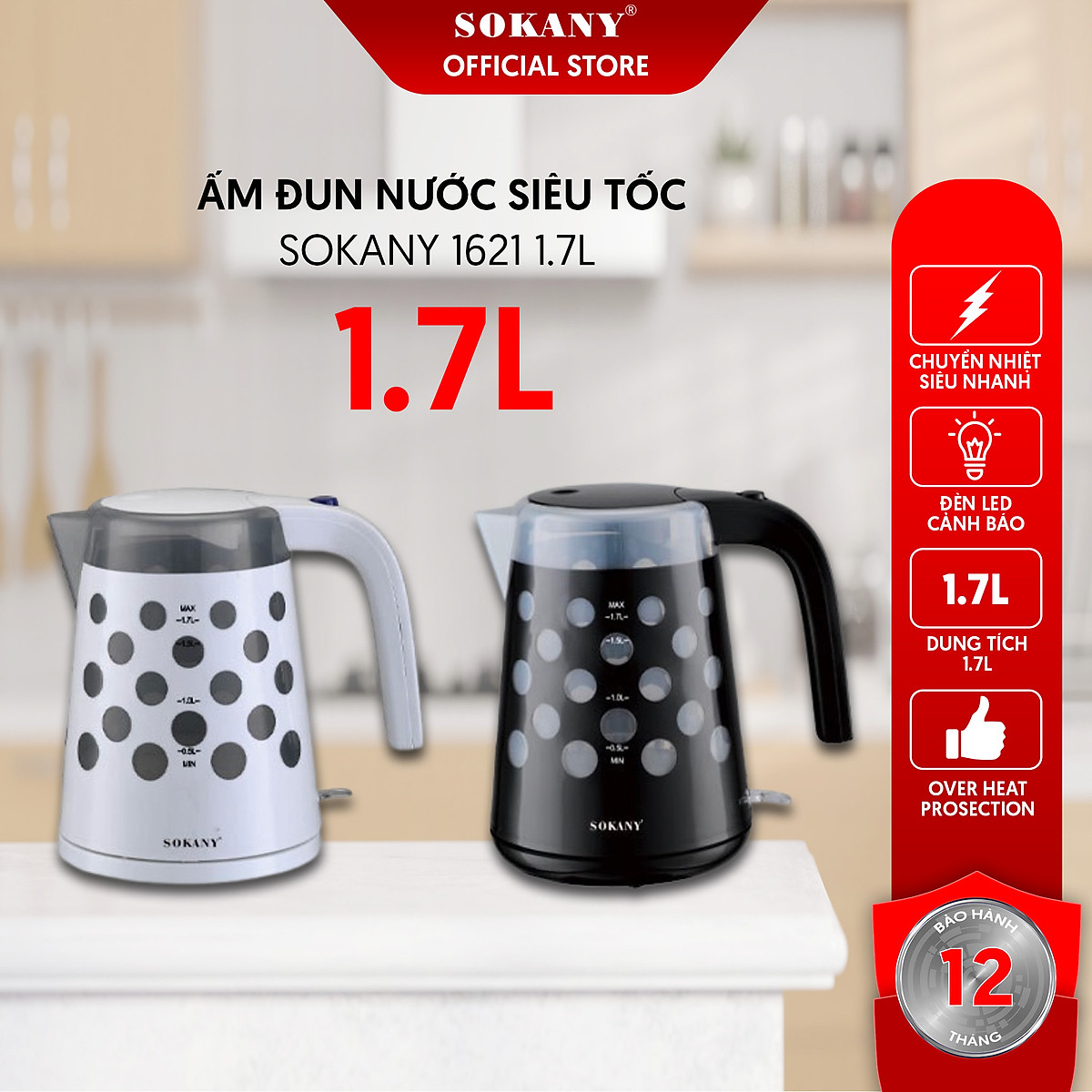 Ấm đun siêu tốc sokany 1621 có đèn led 1.7l đế xoay 360 độ