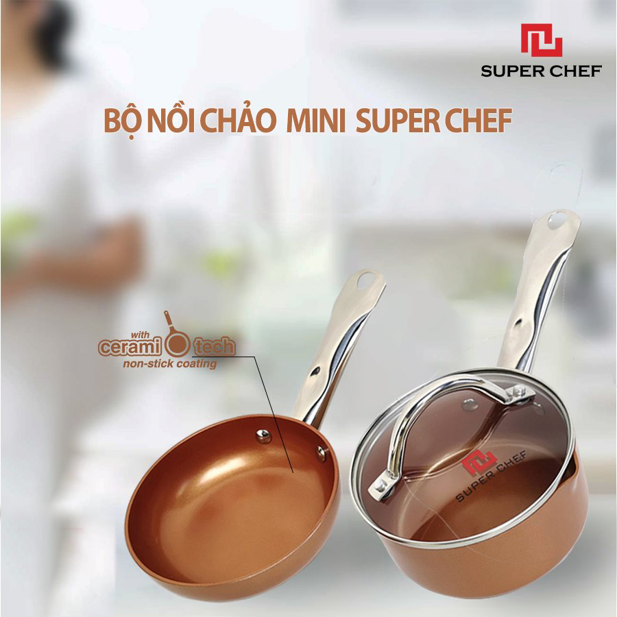BỘ NỒI CHẢO 18cm 14cm có nắp kính cường lực SUPER CHEF - tráng Ceramic nấu cho bé