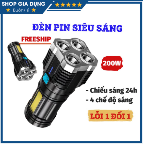 Đèn pin cầm tay chiếu xa siêu sáng 4 bóng 4 chế độ sạc usb, đèn pin led, du lịch