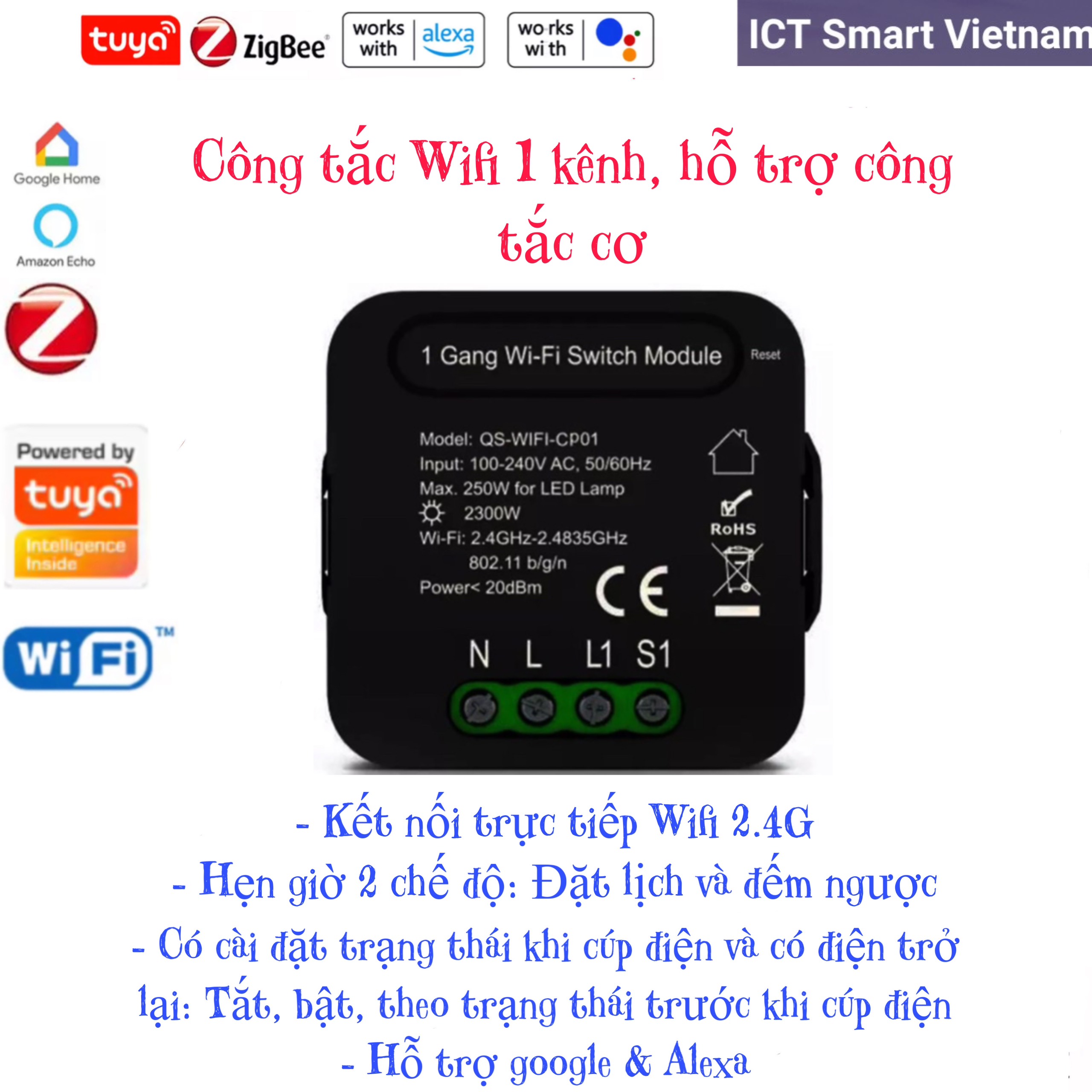 Công tắc module Tuya Wifi/ Zigbee hỗ trợ 2 công tắc cơ 1 chiều hoặc 2 chiều