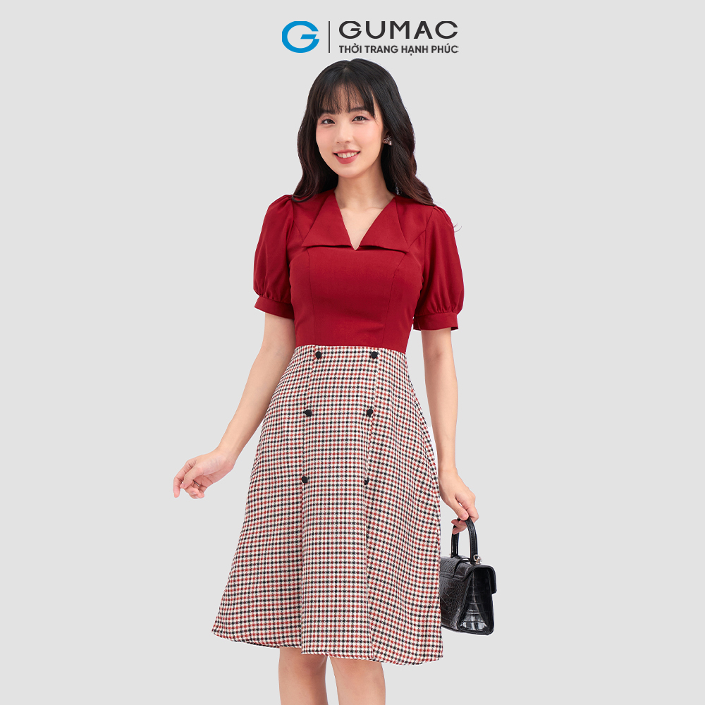 Đầm form A cổ bẻ phối nút GUMAC LD1014