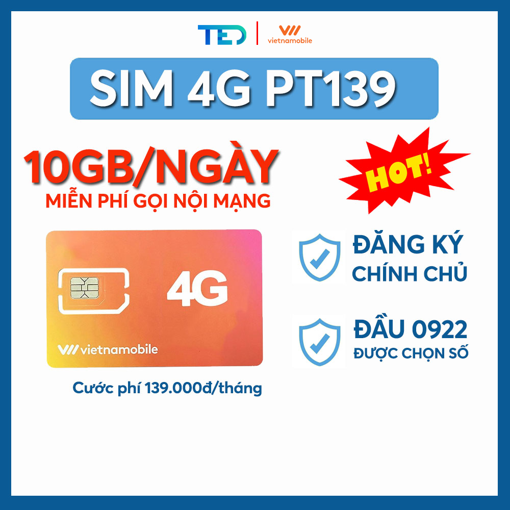 Sim 4g ưu đãi 10gb/ngày vietnamobile, sim data free gọi nội mạng, sim số đẹp đầu 09 vietnamobile
