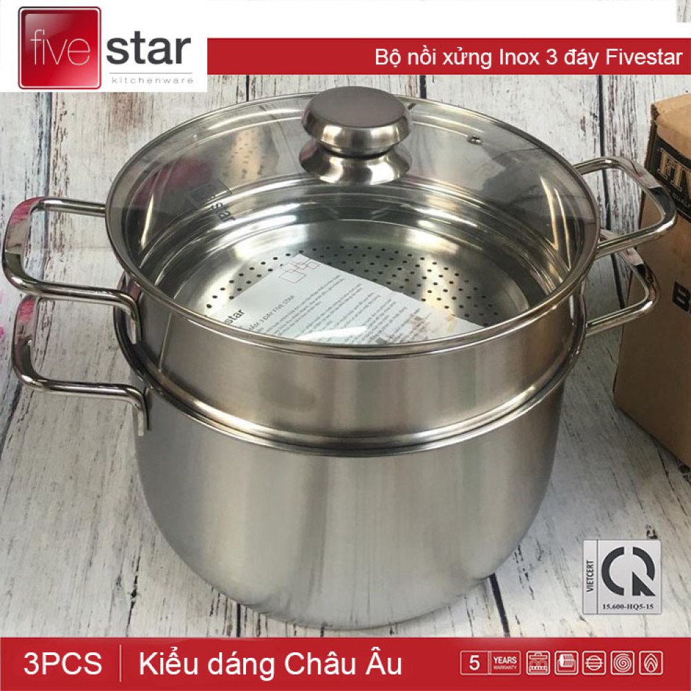 Bộ nồi xửng hấp inox 3 đáy fivestar 26cm nắp kính