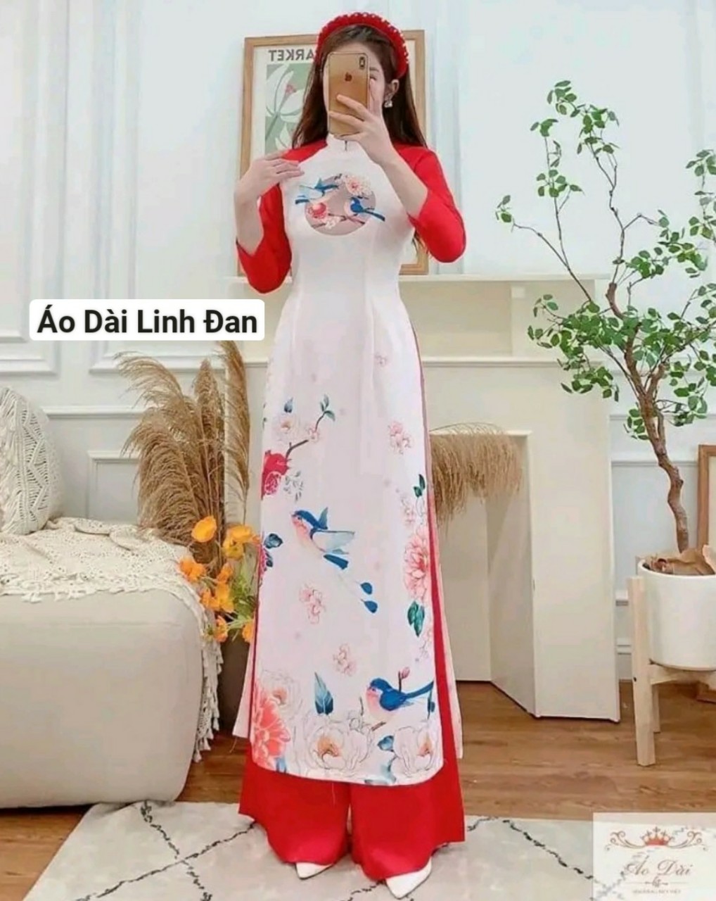 Áo dài cách tân phối tay tơ óng dẹp dịu dàng - Áo Dài Linh Đan