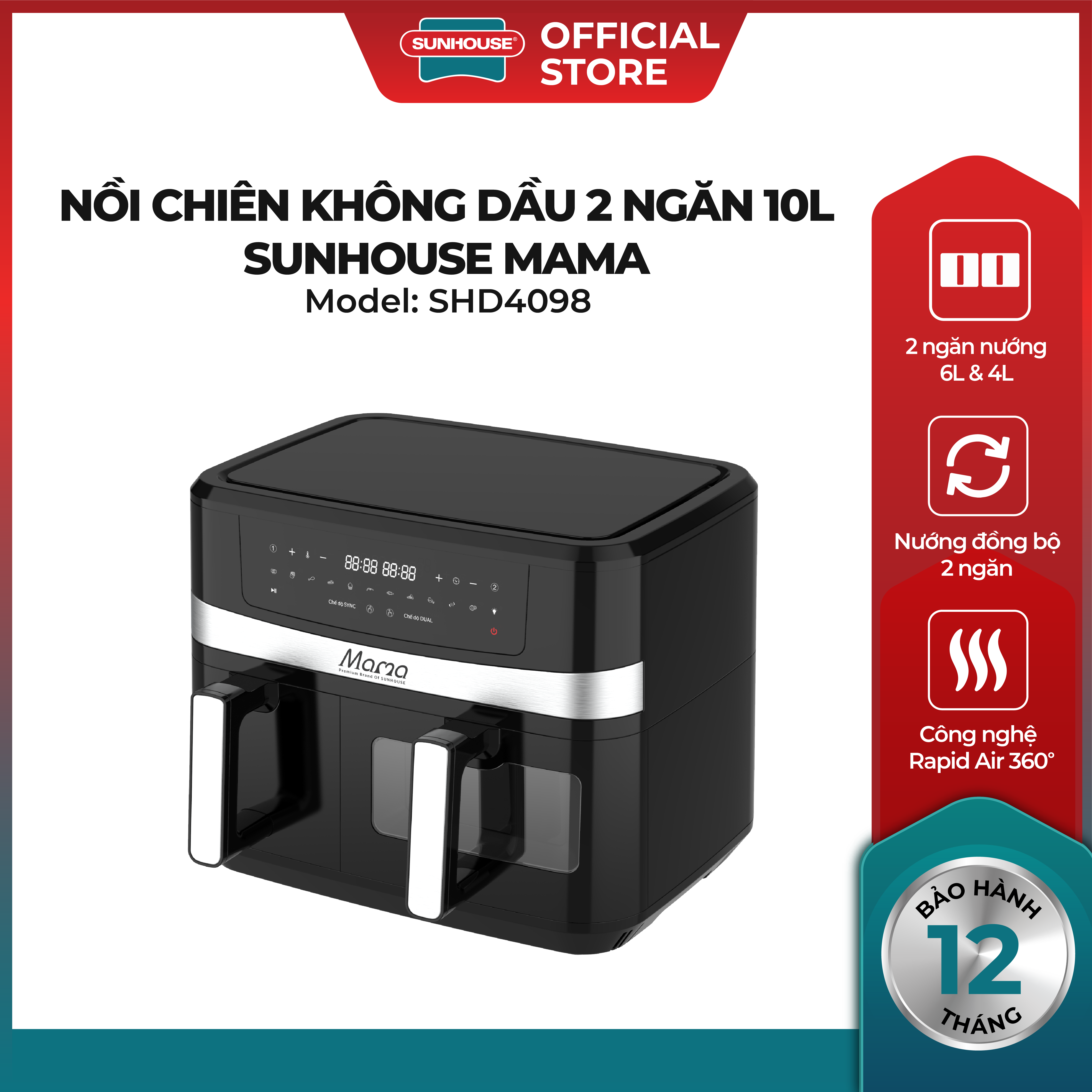 Nồi chiên không dầu 2 ngăn 10L Sunhouse Mama SHD4098 - Chế độ riêng - Tiết kiệm thời gian - Công nghệ Rapid Air - Hình ảnh 3