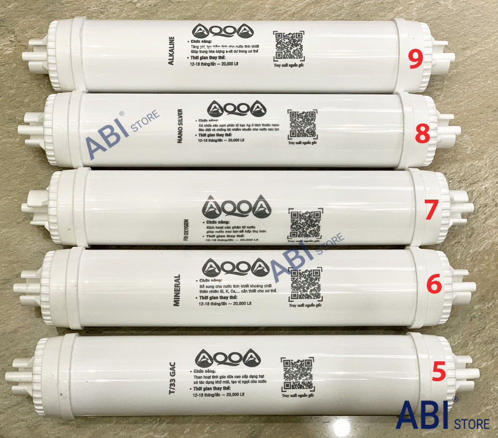 Lõi lọc nước 56789 aqua ( lõi số 5 t33 gac, lõi số 6 mineral, lõi số 7 oxygen, lõi số 8 nano silver, lõi số 9 alkaline)