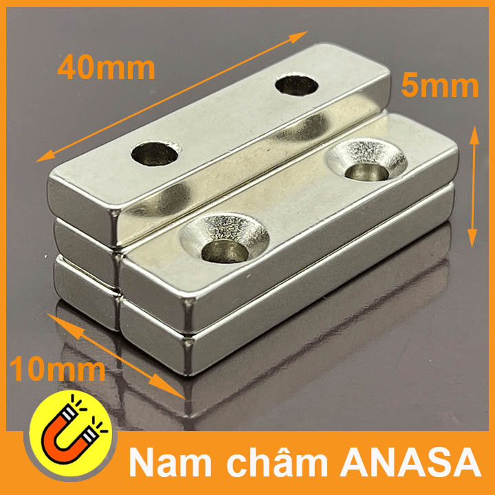 Nam châm vĩnh cửu 40x10x5mm có 2 lỗ bắt vít