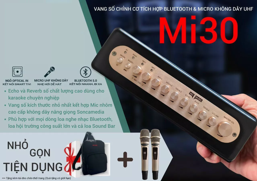 Vang Số Chỉnh Cơ Acnos Mi30S Chính Hãng- Micro Dùng Karaoke Gia Đình ,Ôtô, Loa Bluetooth - Kèm 2 MIRO Không Dây Sóng UHF Cao Cấp.Chống Hú FBX ,3 Chế Độ Vang, Echo, Reverb, Delay, ,Tích Hợp Bluetooth 5.0, USB,AUX, OPTICAL