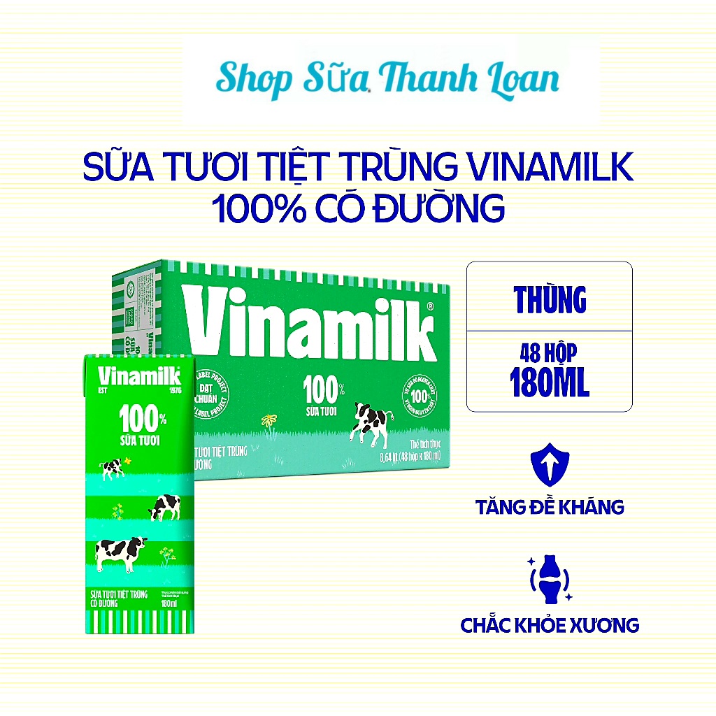 Thùng 48 hộp sữa tươi tiệt trùng vinamilk 100% có đường 180ml.
