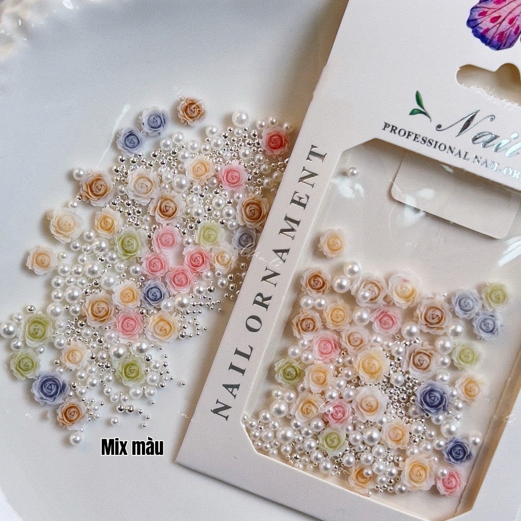 Phụ Kiện Charm Hoa Hồng Mix Bi Ngọc Set Túi Trang Trí Móng - Set charm hoa hồng mix màn trang trí nail