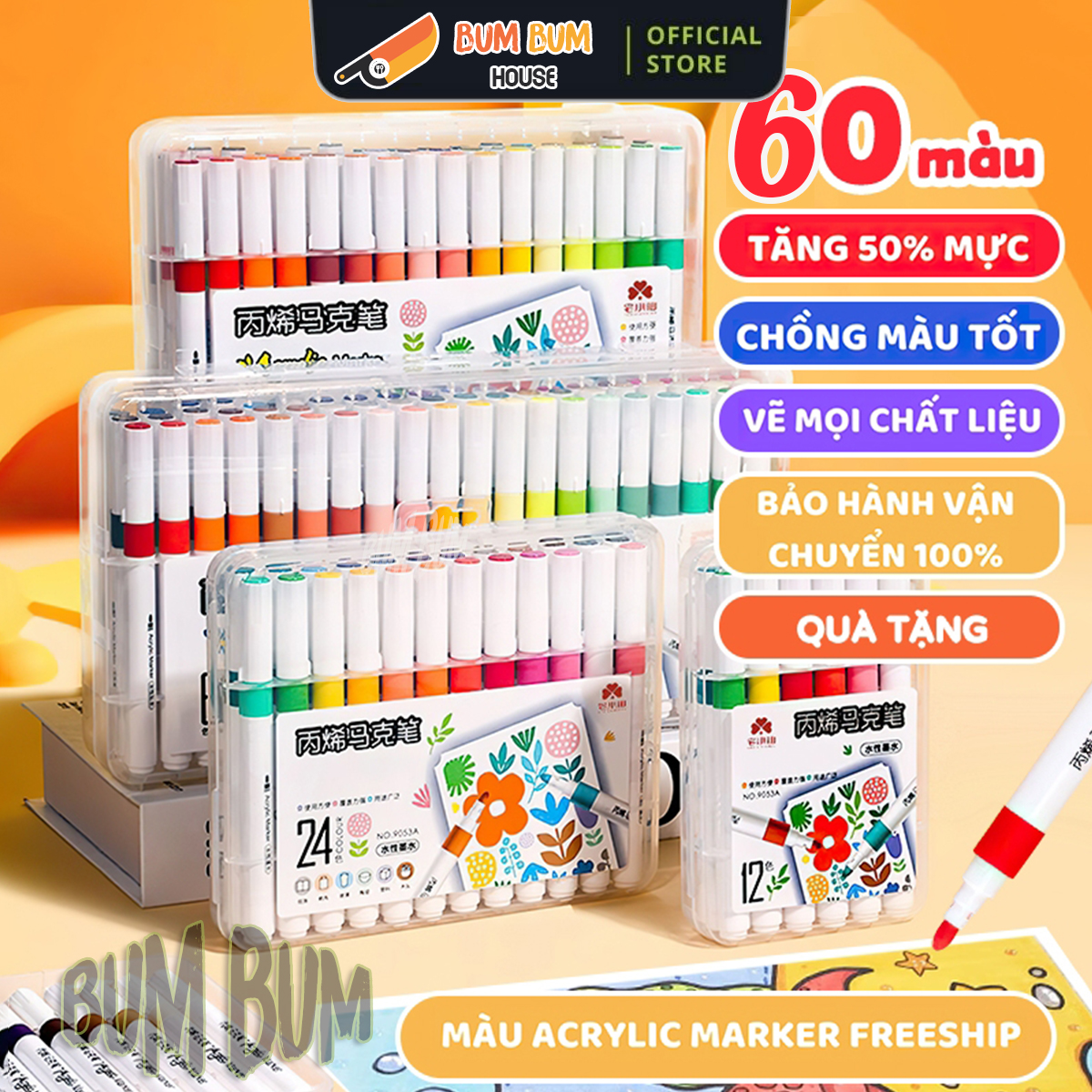 Set 60 màu ACRYLIC Marker ĐẦU NHỌN CHỐNG THẤM NƯỚC Không Vẽ Lên Đồ Vật Nhẵn, lau được khi dính lên da