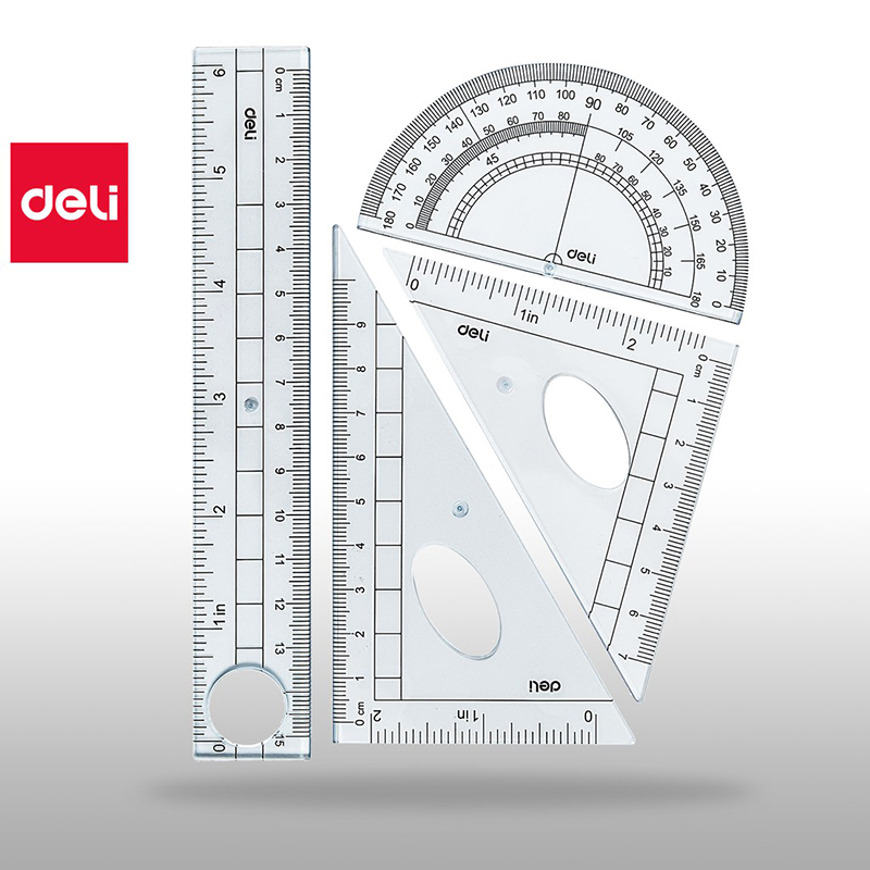 Bộ thước kẻ, eke, đo độ 15cm  4 chiếc túi zip 9597 Deli