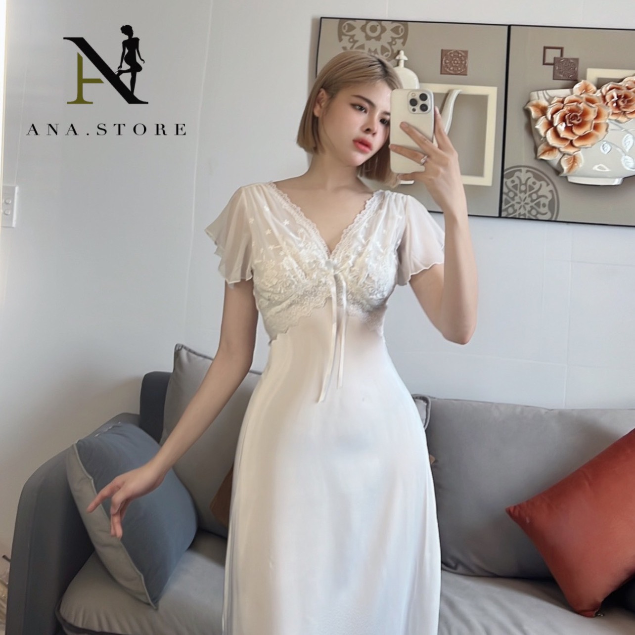 Sét Đầm Ngủ Suông Phối Ren Phong Cách Tiểu Thư