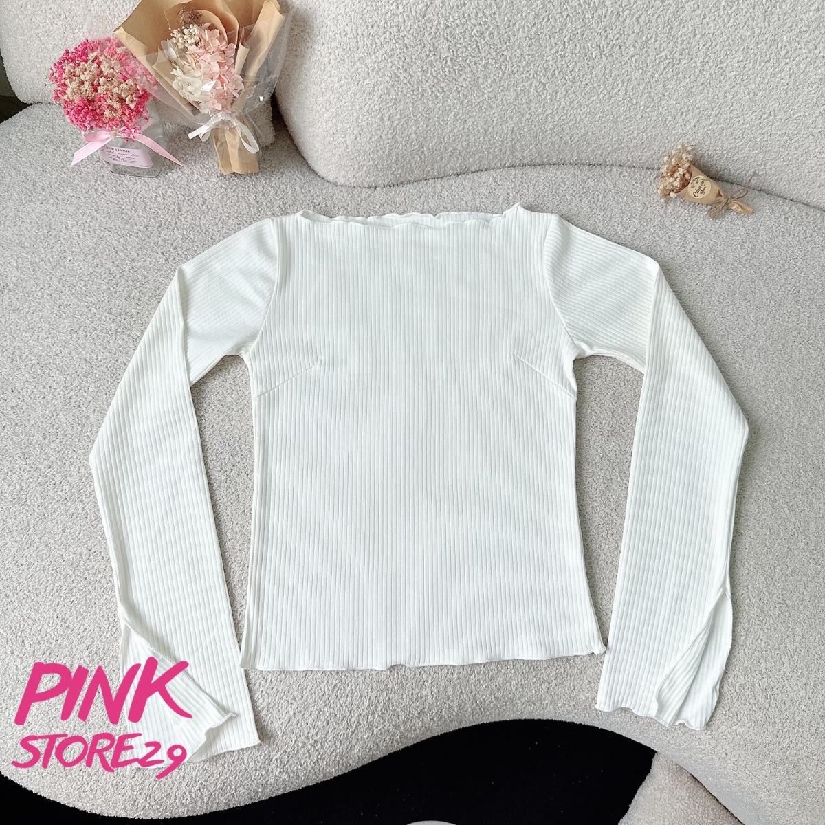 Áo len trễ vai tay dài ống loe pinkstore29 viền cuốn biên đơn giản a5948