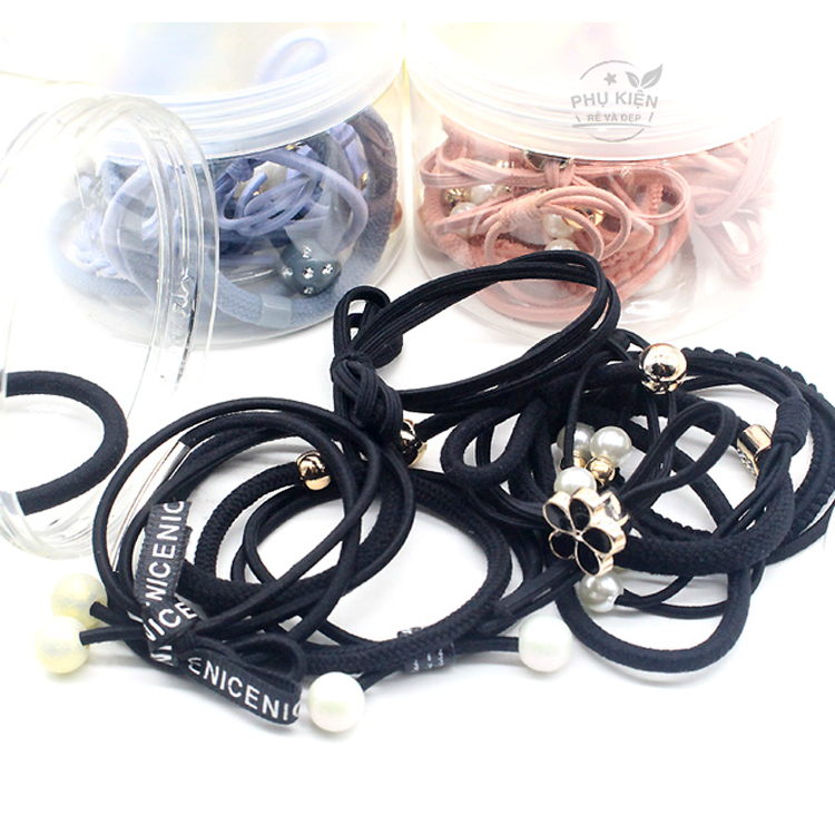 [HCM]Bộ 12 thun cột tóc Hàn Quốc dễ thương - Gồm hộp (Đen)