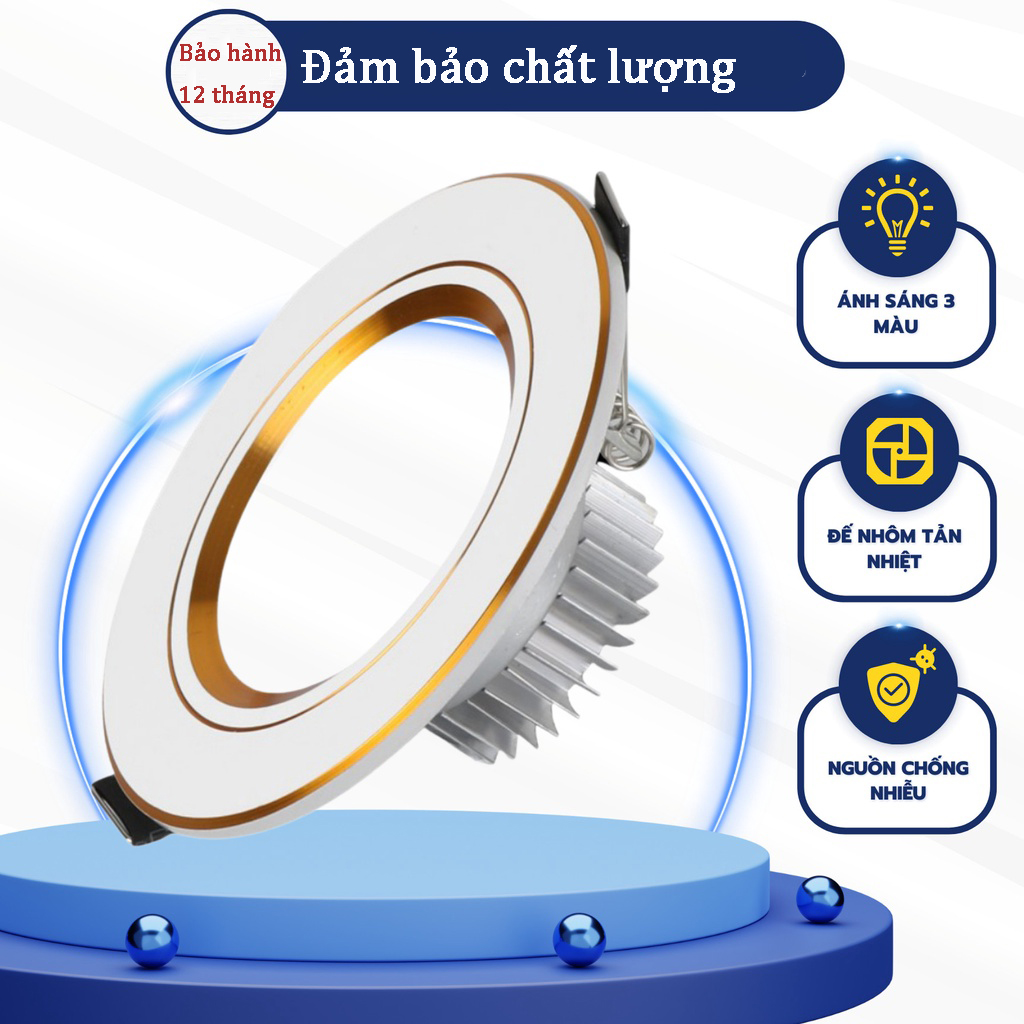 Đèn âm trần led downlight 3 chế độ màu 7w Đèn Âm Trần Đế Đúc Phi 90mm( nguồn rời)