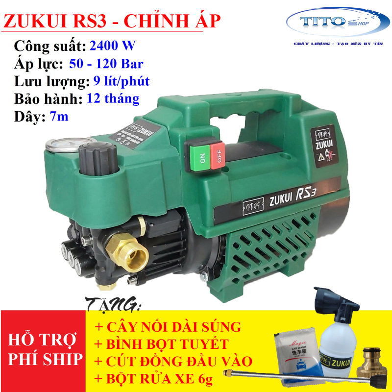 MÁY RỬA XE CHỈNH ÁP ZUKUI RS3 - 2400W - dây cao áp 7m- tặng bình bọt tuyết,thanh nối inox,cút nối đồng ,bột rửa xe.