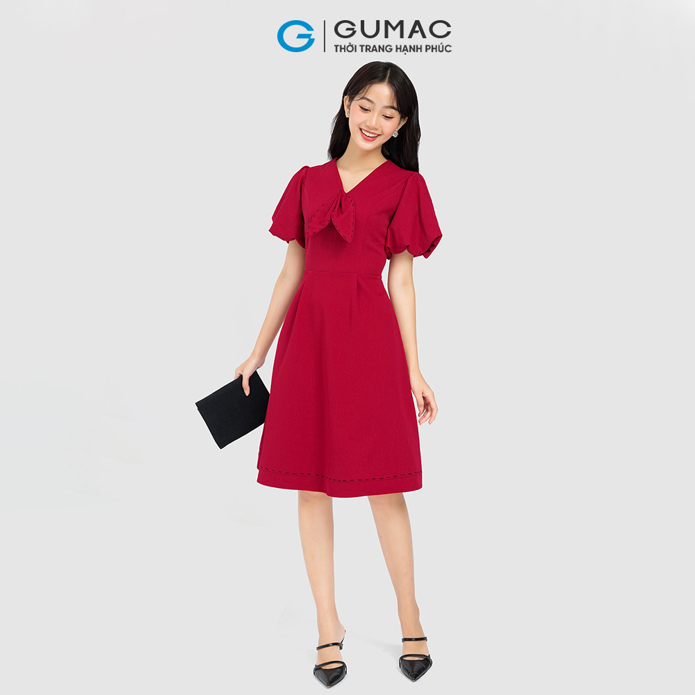 Đầm form A GUMAC, đầm nơ cổ phối chỉ DC08037