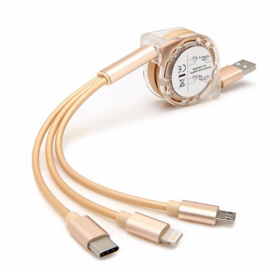 Cáp Sạc 3 Đầu Dài 1m Dây Rút Cổng Lightning, Type-C, Micro USB