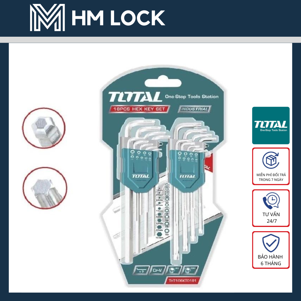 Combo 2 bộ lục giác bằng và bông 18 món total - thép cr-v siêu cứng, không gỉ cao cấp - tht106kt0181 - hm lock