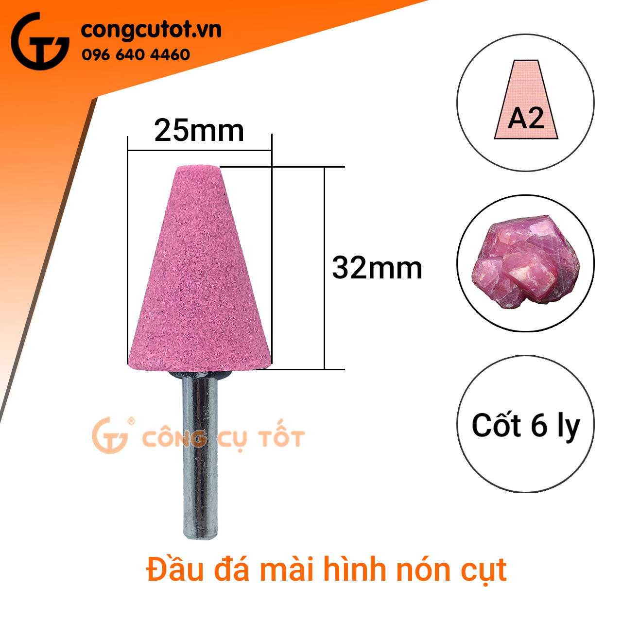 Mũi đá mài lốp hình nón cụt Φ25mm cốt 6 ly