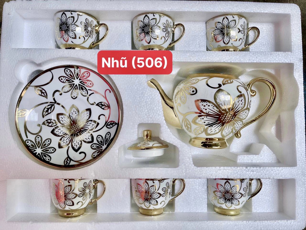 Bộ ấm chén uống trà 6 ly, bộ tách trà hoa văn nhũ vàng hoàng gia cao cấp giá rẻ gốm sứ