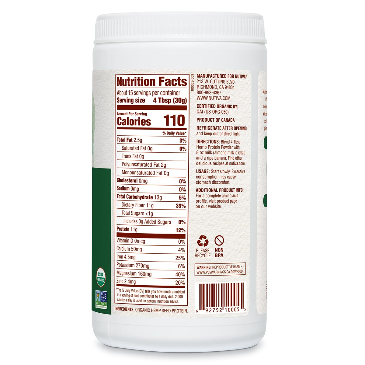 Nutiva Organic Cold-Pressed Hem.p Seed Protein Powder, 1 Pound