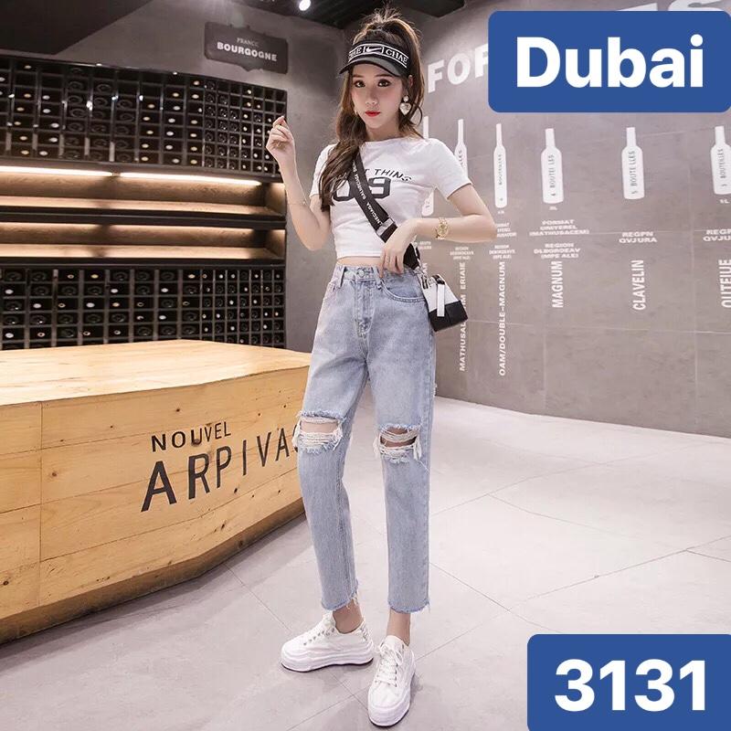 QUẦN JEAN BAGGY NỮ CHẤT BÒ XANH RÁCH GỐI RÁCH ĐÙI HOT TREND LƯNG CAO NÂNG MÔNG CAO CẤP DB-3131 - DUBAI FASHION