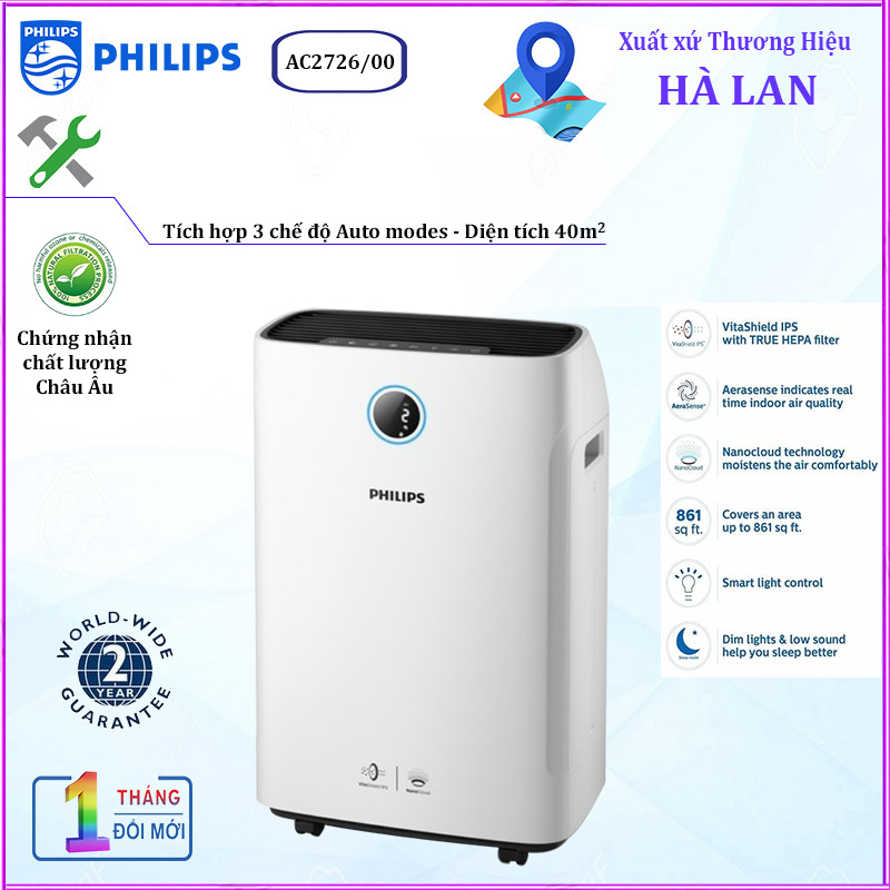 Máy lọc không khí, tạo ẩm 2 trong 1 thương hiệu nhập khẩu Philips AC2726/00 sử dụng cảm biến chất lượng không khí 4 màu, kết hợp hai công nghệ VitaShield và Nanocloud (Bảo hành 12 tháng)