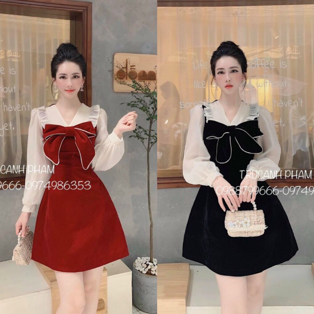 [HCM]ĐẦM XÒE DỰ TIỆC DÀI TAY THẮT NƠ DỄ THƯƠNG-D02