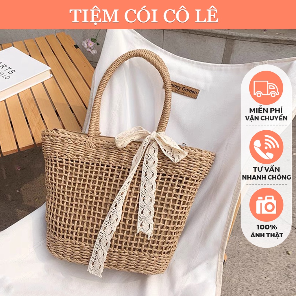 Túi cói xách tay đan thưa kiểu dáng vintage đi biển, chụp ảnh tặng kèm nơ ren - tiệm cói cô lê