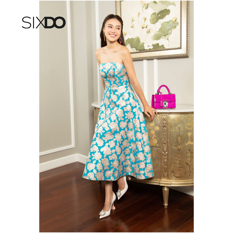 Đầm cup ngực gấm họa tiết thời trang SIXDO (Sky Rose Strapless Midi Brocade Dress)