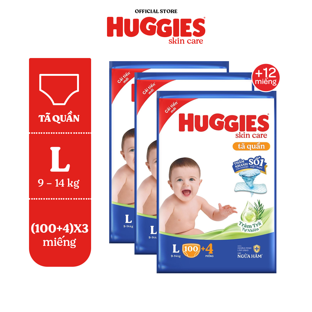 Combo 3 gói Tã quần Huggies Skincare Mega Jumbo M106/L100+4/XL84/XXL76 với tràm trà dịu da