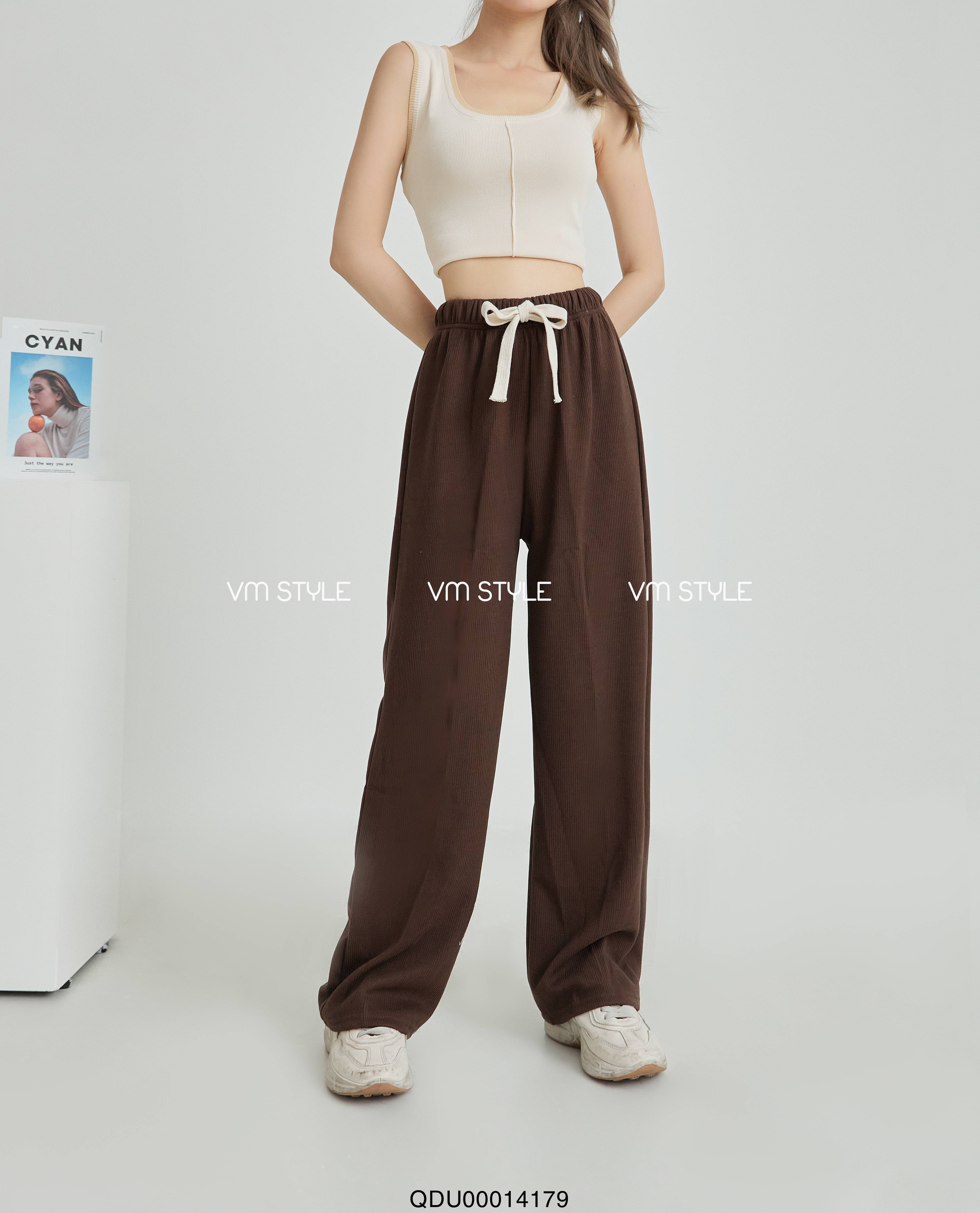 Quần dài nữ VMSTYLE QDU00014 ống suông nhung gân lưng thun dây rút 2740