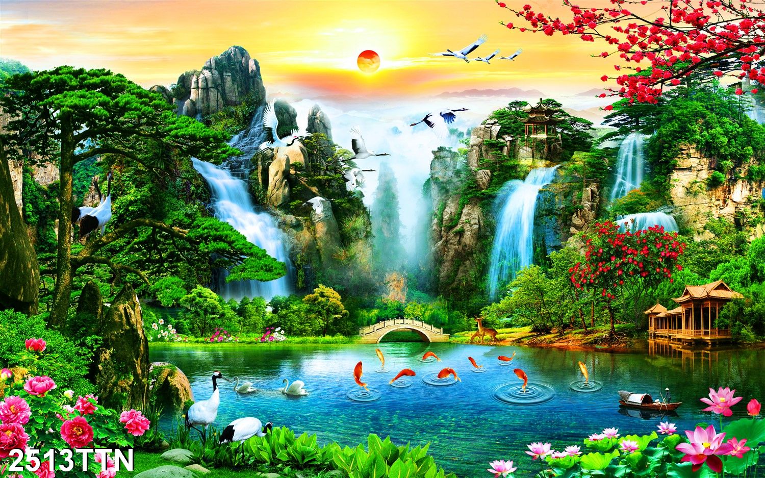 TRANH DÁN TƯỜNG 3D SƠN THỦY HỮU TÌNH, TRANH PHONG CẢNH THIÊN NHIÊN NÚI NON THƠ MỘNG, TRANH THÁC NƯỚC ĐẸP YAN