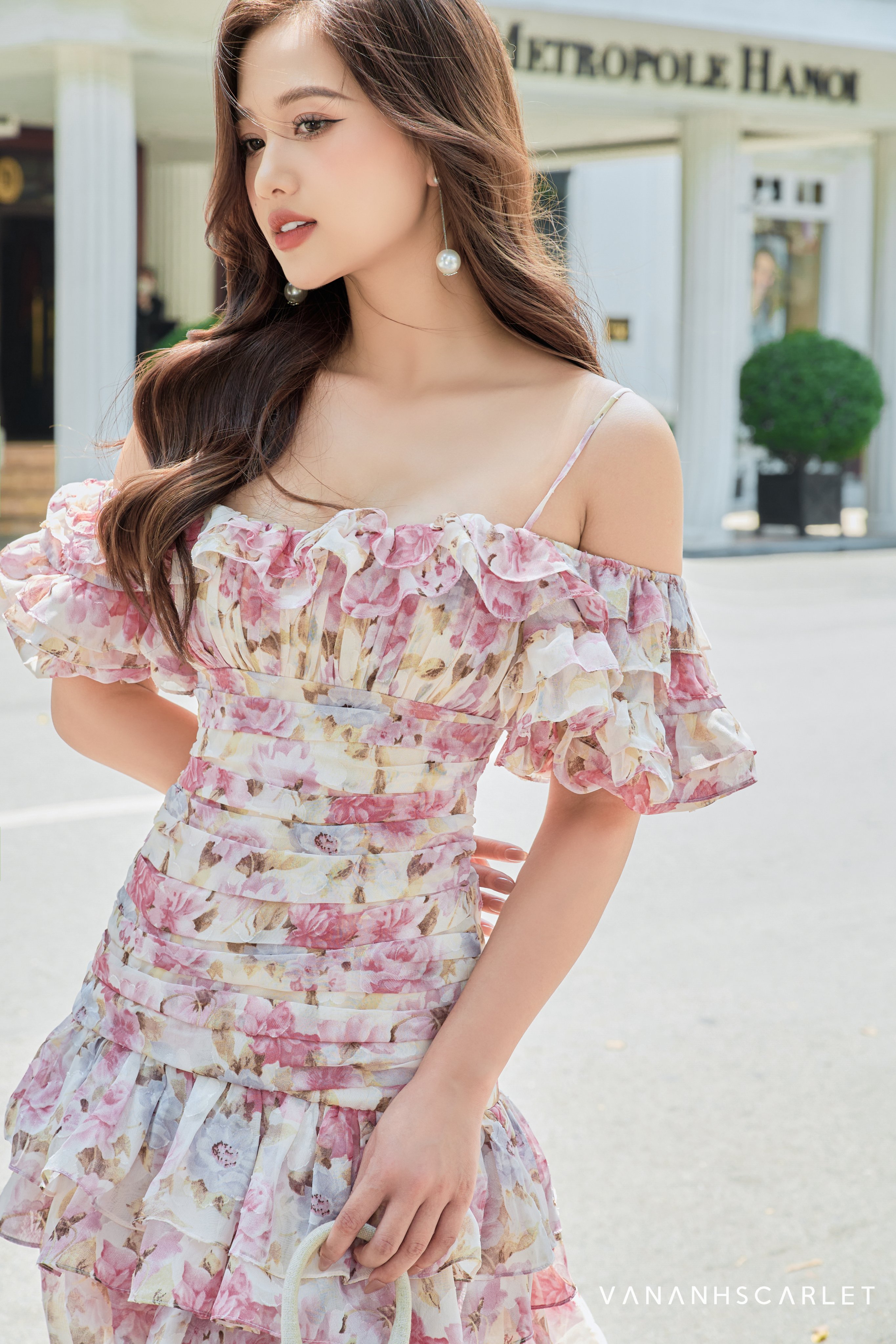 Váy nữ VANANHSCARLET voan hoa bèo tầng
