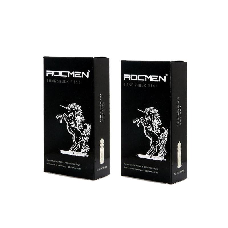 Bộ 2 hộp Bao cao su Rocmen Long Shock đen 4 in 1 kéo dài thời gian - Gân Gai hộp 10 bao x 2 hộp