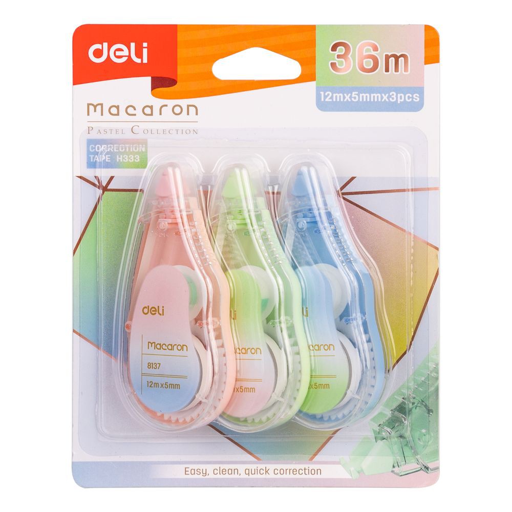 Bút xóa băng 12m Deli - Hình trái cây - Hồng/Xanh lá/Xanh dương - Set 3 chiếc - EH333