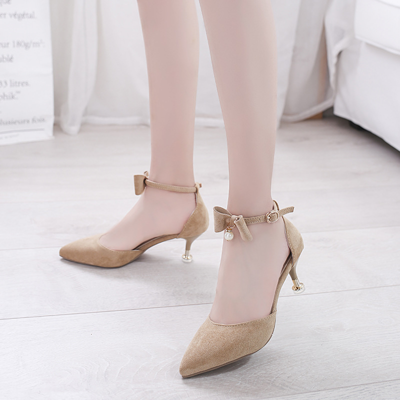 Giày cao gót nhọn 7 phân nhọn bít mũi nơ 1 hạt cổ chân