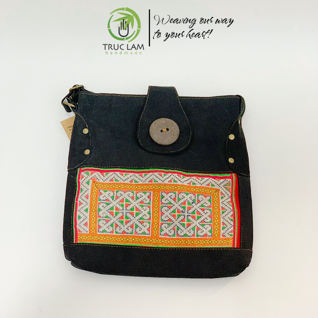 Túi đeo chéo thời trang vải da lộn can yếm thổ cẩm dân tộc - trúc lâm handmade