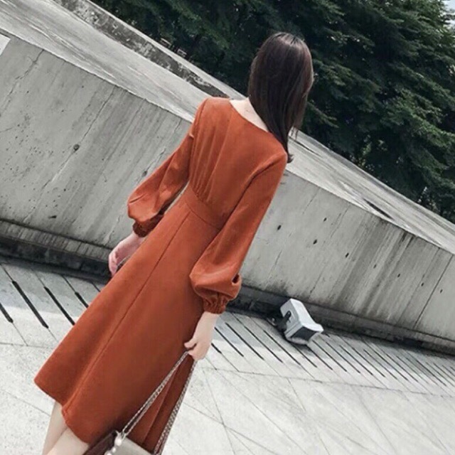 [HCM]DM637 - Orange Maxi Dress Square Neck with Puffy Sleeves