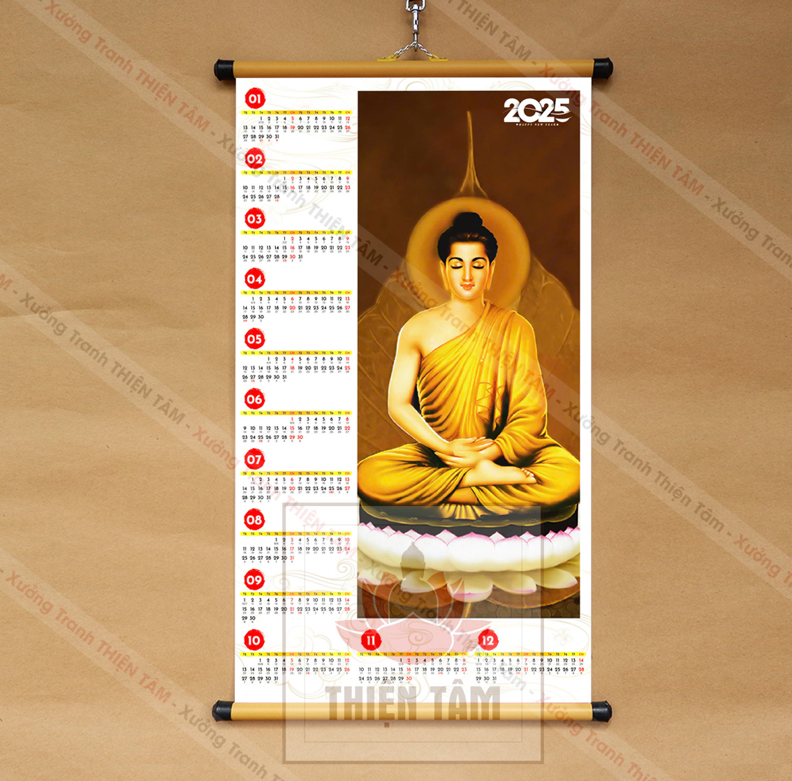 Lịch Phật Giáo 2025 kích thước 40x70cm bằng vải bóng cao cấp, dày dặn (có ngày âm lịch)