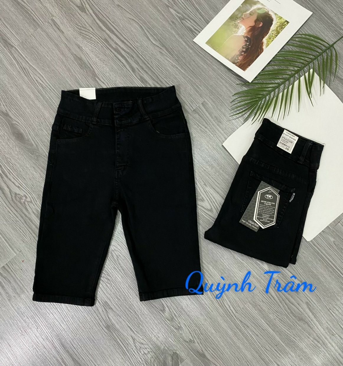 Quần Ngố Lửng Jean Nữ Hàng Co Giãn Mạnh Lưng Cao Màu Đen Có Size Lớn